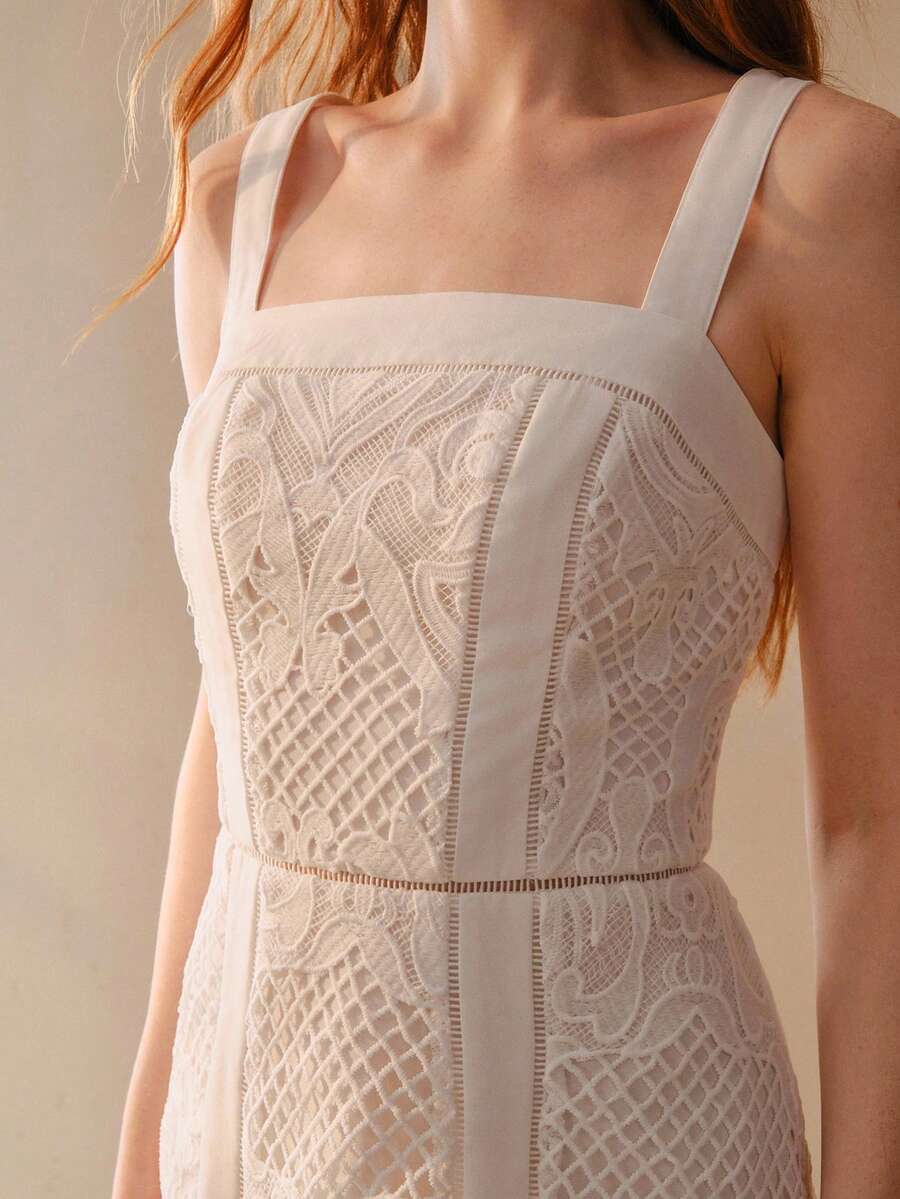 MOTF PREMIUM LIGHTWEIGHT ELEGANT WHITE STRAPS LACE TRIM FLARED HOLLOW OUT DRESS FOR WOMEN, SPRING/SUMMER - White - View 1