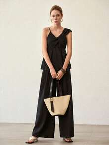 MOTF PREMIUM WOMEN'S ASYMMETRIC SHOULDER SLEEVELESS BABYDOLL DENIM TOP AND WIDE LEG JEANS TWO PIECES SET - Blue - View 6