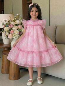 SHEIN Tween Girl Loose Elegant Ruffle Collar Floral Print Dress - Pink - View 5