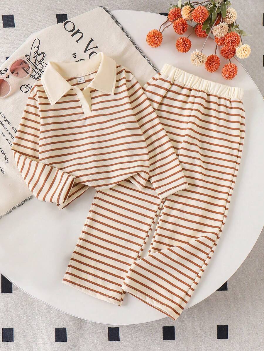 Genkimix Kids 女童条纹领长袖针织T恤和裤子两件套,时尚儿童休闲家居服套装,适合初秋穿着 - 棕色 - 查看 1