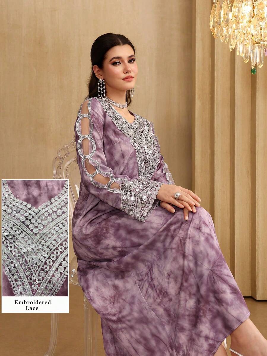 Al Najma 女士紫色扎染印花连衣裙，饰有刺绣、珠饰蕾丝边，宽松腰身设计，优雅显瘦