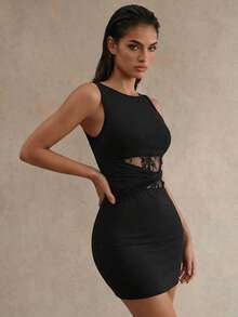 Glamine Women's Round Neck Sleeveless Pleated Sexy Lace Patchwork Bodycon Dress - Black - View 4