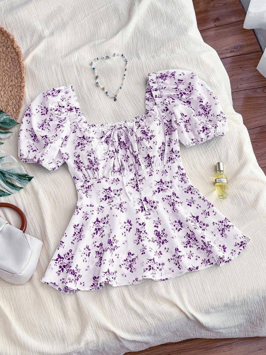 Trelyra Casual - Vacation Casual Tie Front Random Print Floral Shirt - Purple - View 1