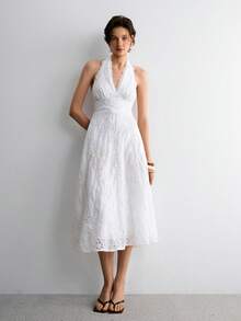 ATUI Studio 女士夏季性感沙滩度假风纯色露背系带中长连衣裙 - 白色 - 查看 6