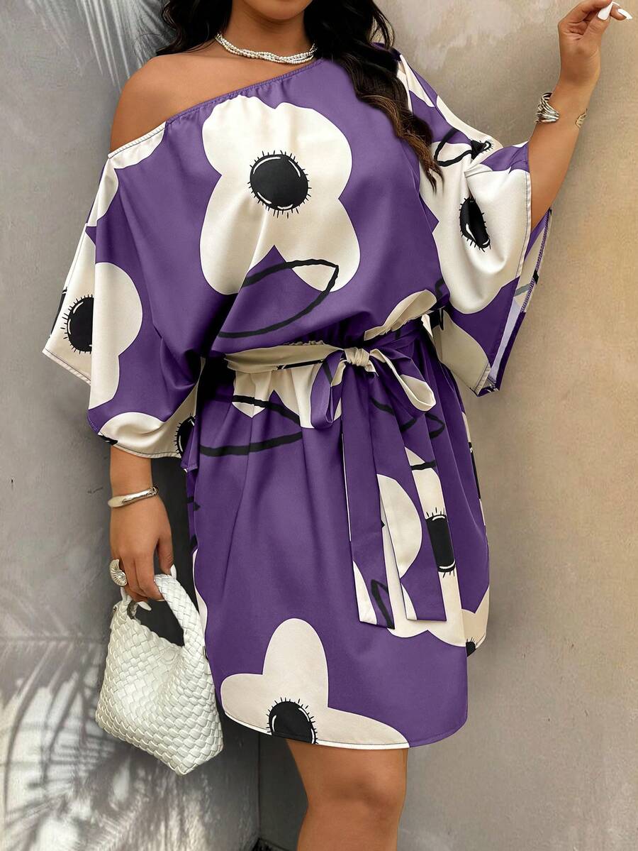SHEIN Clasi 大码女式碎花不对称肩部休闲度假连衣裙 - 彩色 - 查看 1
