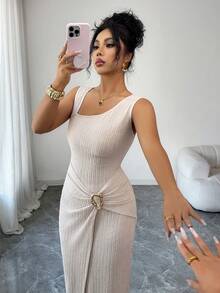 Elenzga 女士纯色时尚扭结长裙，不对称领口针织纹理紧身包臀裙，扭结开衩设计，优雅女士服装，秋季女装，冬季女士端庄服饰 - 杏色 - 查看 7