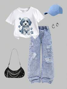 Set de 2 piezas para niñas pequeñas: Blusa de manga corta con cuello redondo y estampado de cachorrito + Pantalones vaqueros elásticos a la cintura desgastados, adecuado para primavera/verano, actividades diarias, al aire ocio - Multicolor - Ver 5