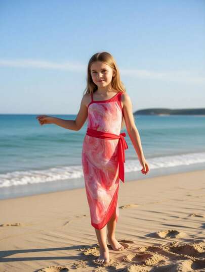 1pc Girls' Tie-Dye Vacation Style Printed One-Piece Swimsuit With Skirt, Plus Size