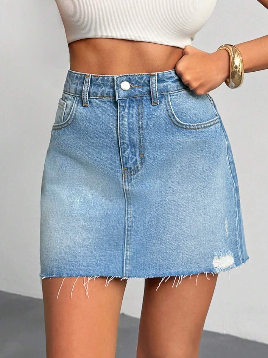EURMUSE Low Waist Ripped Snow Wash Denim Skirt - Light Wash - View 1