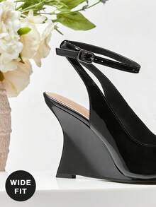 SHUZIA Women's Wide-Fit Peep Toe Ankle Strap Wedge Sandals - Black - View 4