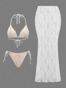 Bonvoyette Swim Oasis Plain Knitted Textured Bikini Set With Metallic Accessories