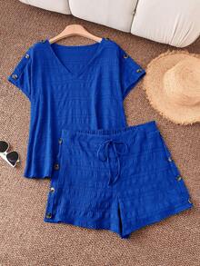 SHEIN LUNE 大码蓝色两件套圆领衬衫+短裤套装，宽松休闲纽扣装饰女装套装，女士夏季两件套，女士两件套，短款女士度假套装，休闲搭配套装，女士服装套装，女士短款套装，女士休闲短款套装 - 藍色 - 查看 5