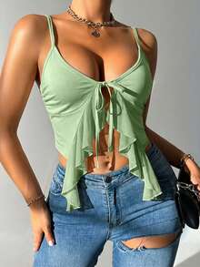 Glamine Women's Ruffle Mesh Patchwork Tie-Front Camisole - Mint Green - View 5