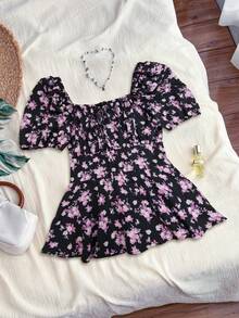 Trelyra 休闲 - 度假休闲系带随机印花花卉衬衫 - 紫丁香色 - 查看 2