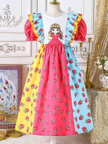 1pc Girls'pink Floral Summer Cute Party Dress,Cartoon Print,Ruffled Puff Short Sleeves,Flared Midi Length,Lightweight Colorblock Casual Festival Wear - Multicolor - View 2