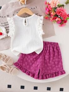 Genkimix Kids Young Girl (Small) Knitted Jacquard Ivory Ruffle Trim Camisole Top & Purple Ruffle Trim Shorts Set, Cute & Adorable Baby Summer Outfit - Purple - View 2