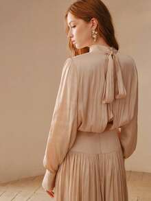 MOTF PREMIUM ELEGANT SATIN GATHERED HIGH NECK CINCHED WAIST DRESS FOR WOMEN, SPRING/SUMMER - Apricot - View 3