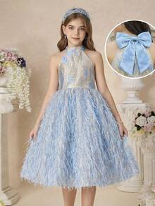 SHEIN 少女时尚优雅提花毛边露背连衣裙 - 藍色 - 查看 7