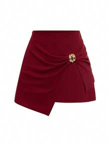 Sweetra Plus Size Women Metal Decor Asymmetric Hem Fashion Skorts - Burgundy - View 1