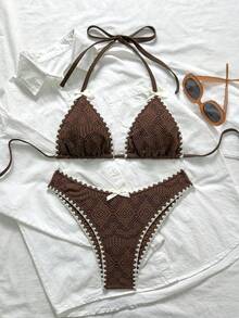 Swim Vcay Women's Cute Brown Crochet Bikini Set,Summer Beach Holiday Knitted Halter Triangle Bathing Suit,2 Piece Scallop Trim Textured Swimwear With Bows - Multicolor - View 2