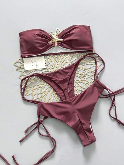 SHEIN Swim Chicsea 女士夏季沙滩金属海星装饰抹胸性感比基尼泳装套装