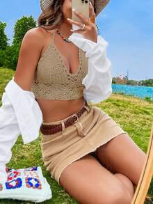 Breezaya Women's Handmade Crochet Backless Tie-Front Halter Neck Knit Top, Sexy Beach Vacation Style - Khaki - View 4