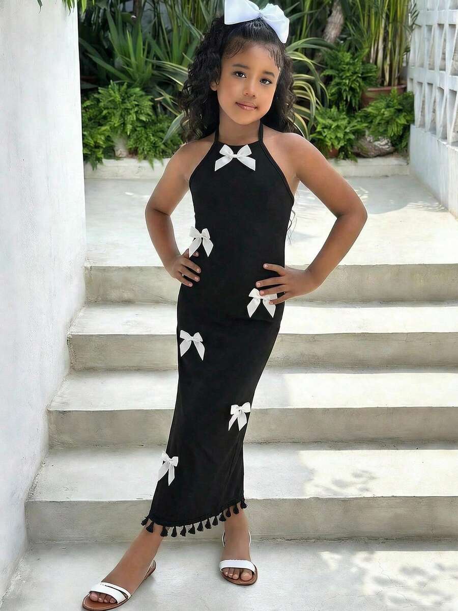 SHEIN Tween Girl Elegant Floral Print Halter Neck Snug Fit Vacation Dress - Black - View 1