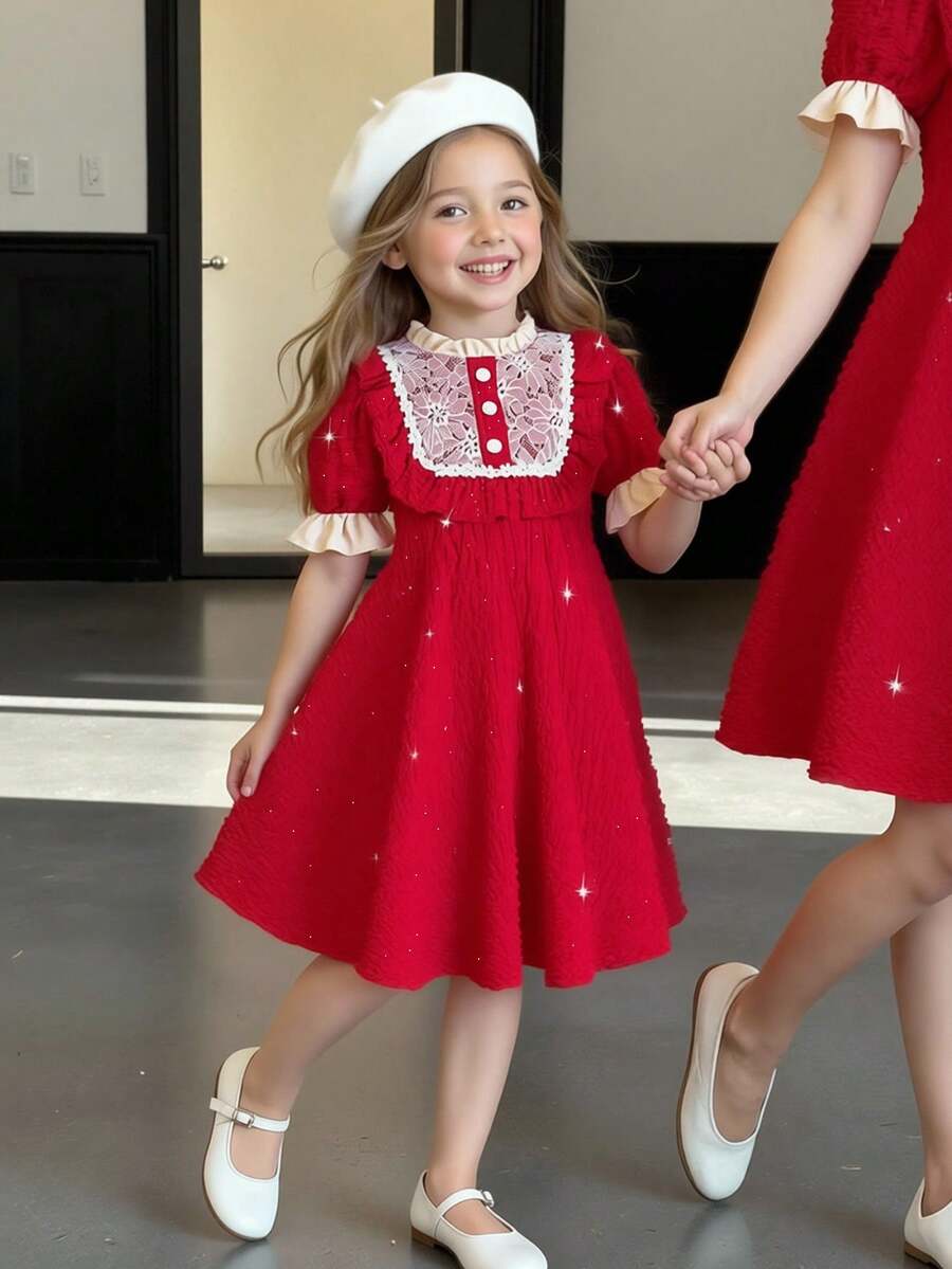 Elladie kids Girls'Elegant Red Summer Satin Lace Trim Yoke Dress,Soft & Comfortable Short Sleeve Party Dress For Birthdays,Christmas,Casual & Various Occasions - Red - View 1