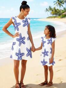 1件女童4-7岁清爽海洋风蓝白海星数码印花连衣裙，短袖设计，轻盈宽松休闲，适合夏季海滩度假和日常穿着 - 彩色 - 查看 5