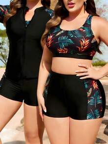 Swim Lushoire 大码女式 3 件套热带雨林印花拉链长袖分体运动休闲泳衣沙滩装套装 - 彩色 - 查看 1