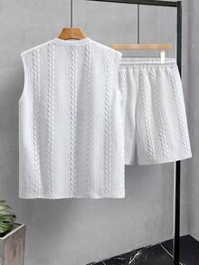 Manfinity Homme Conjunto casual de hombre con chaleco de cuello redondo acanalado con textura jacquard y pantalones cortos, conjunto de camiseta de tirantes para hombre, vacaciones - Blanco - Ver 2