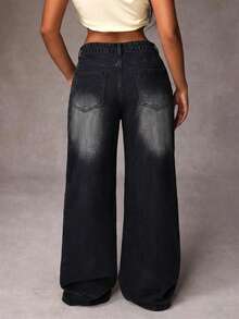 SHEIN Women's Fashion Versatile Loose Wide Leg Flare Jeans - Black - View 2