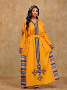 Brilight Elegant Spring/Summer Party Wear, New Year's Party Dresses, Casual Wear, And Holiday Gowns For Women. Design Highlights Include Fitted Waists, Tie Details, Flowing Robes, Prints, And Stripes. Autumn Dresses. - Yellow - View 4