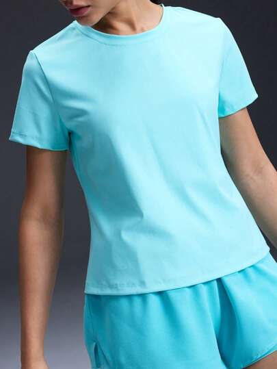 Powerista Women's Solid Color Round Neck Short Sleeve Casual Fitness Workout T-Shirt