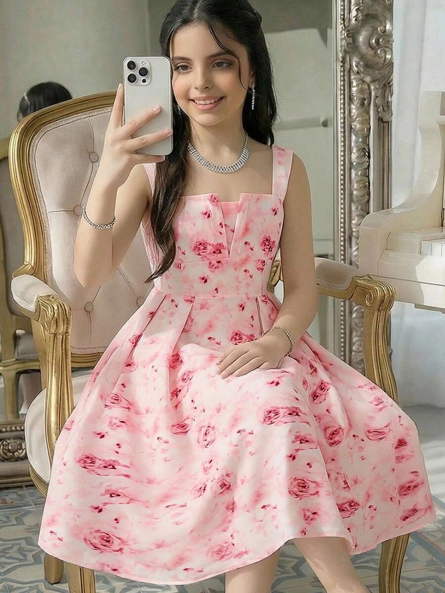 SHEIN Tween Girl Casual Vacation Elegant Fitted Waist Flared Floral Print Dress, Pink Pink Floral Dress Pink Flowerance Dress For Teens Girl Tea Party Dress Garden Party Dress - Pink - View 1
