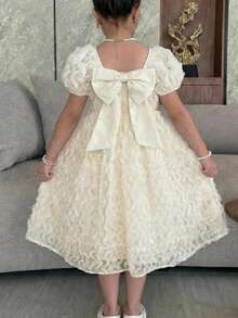 Tween Girl Elegant Puff Sleeve Round Neck Sweet Cute Dress - Black - View 2