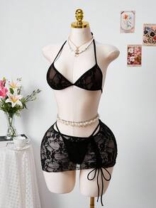 Bellisia 3pcs Sexy Lace Swimsuit Set With Drawstring For Women - Black - View 5