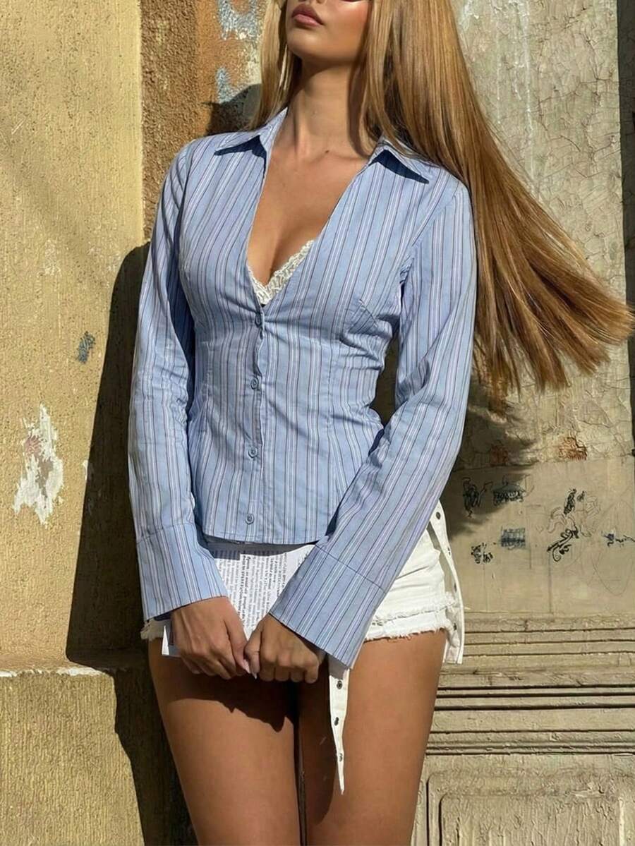 Aidyla Blue Striped V-Neck Cinched Waist Sexy Blouse For Women - Blue - View 1