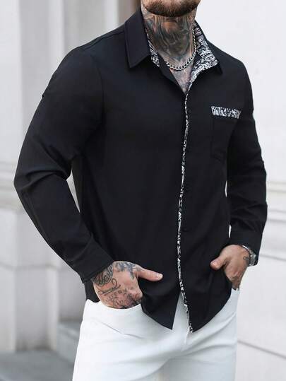 Manfinity Homme Men's Single-Breasted Casual Paisley Patchwork Long Sleeve Shirt