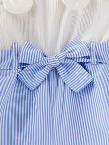 SHEIN Elladie kids 女童碎花吊带腰带蓝白连体裤，甜美舒适，碎花腰带，夏季女童休闲装 - 藍白色 - 查看 3