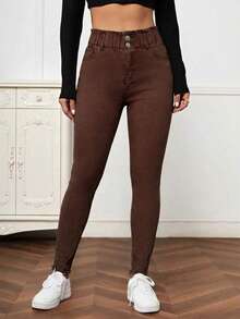 EMERY ROSE Quần jeans nữ cạp cao, có túi, dáng ôm, thoải mái, đa năng. - màu nâu - Xem 3