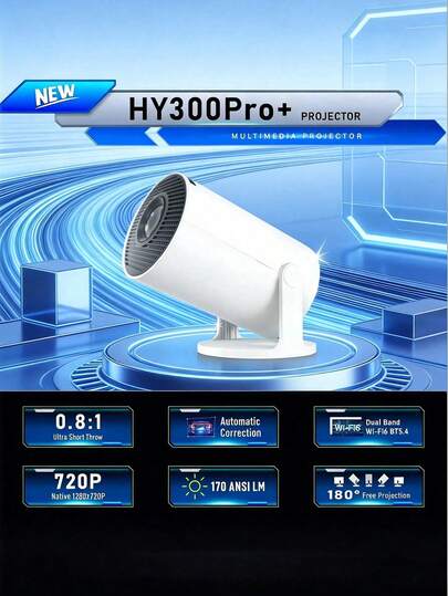 Teckwe HY300 Pro+ 智能安卓 11 迷你投影仪 | 支持 4K/1080P，WiFi6 和蓝牙 5.0 便携式家庭影院，带自动水平校正功能，户外电影投影仪（白色，欧标插头）