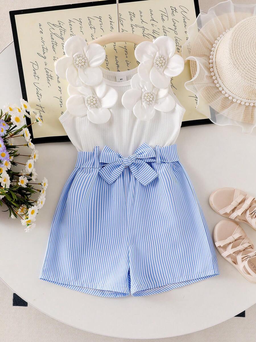 SHEIN Elladie kids 女童碎花吊带腰带蓝白连体裤，甜美舒适，碎花腰带，夏季女童休闲装 - 藍白色 - 查看 1