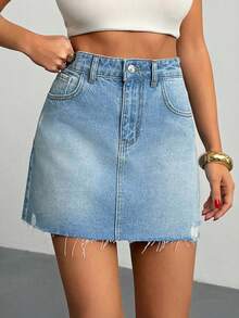 EURMUSE Low Waist Ripped Snow Wash Denim Skirt - Light Wash - View 7