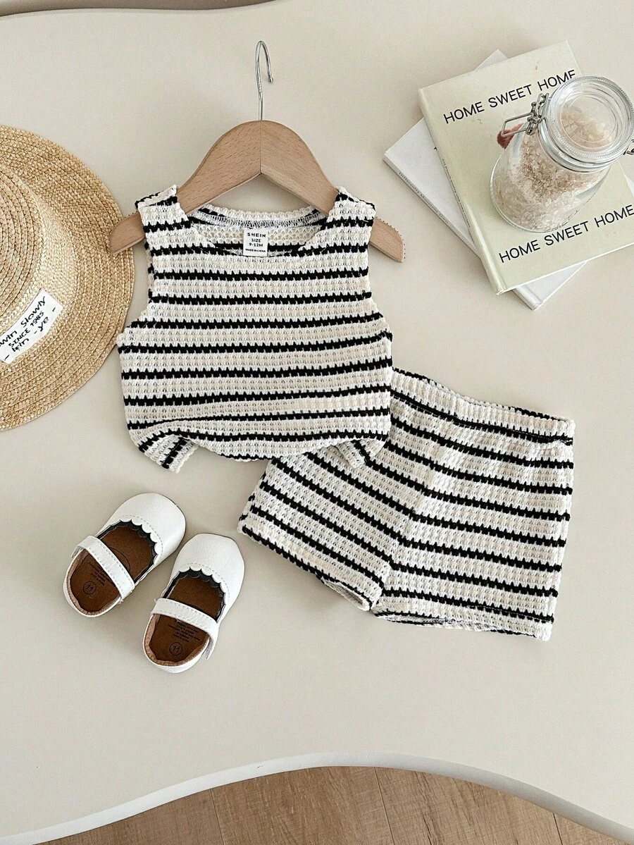 SHEIN Babygirl Casual Summer Cute Striped Camisole And Elastic Waist Shorts Set - Multicolor - View 1