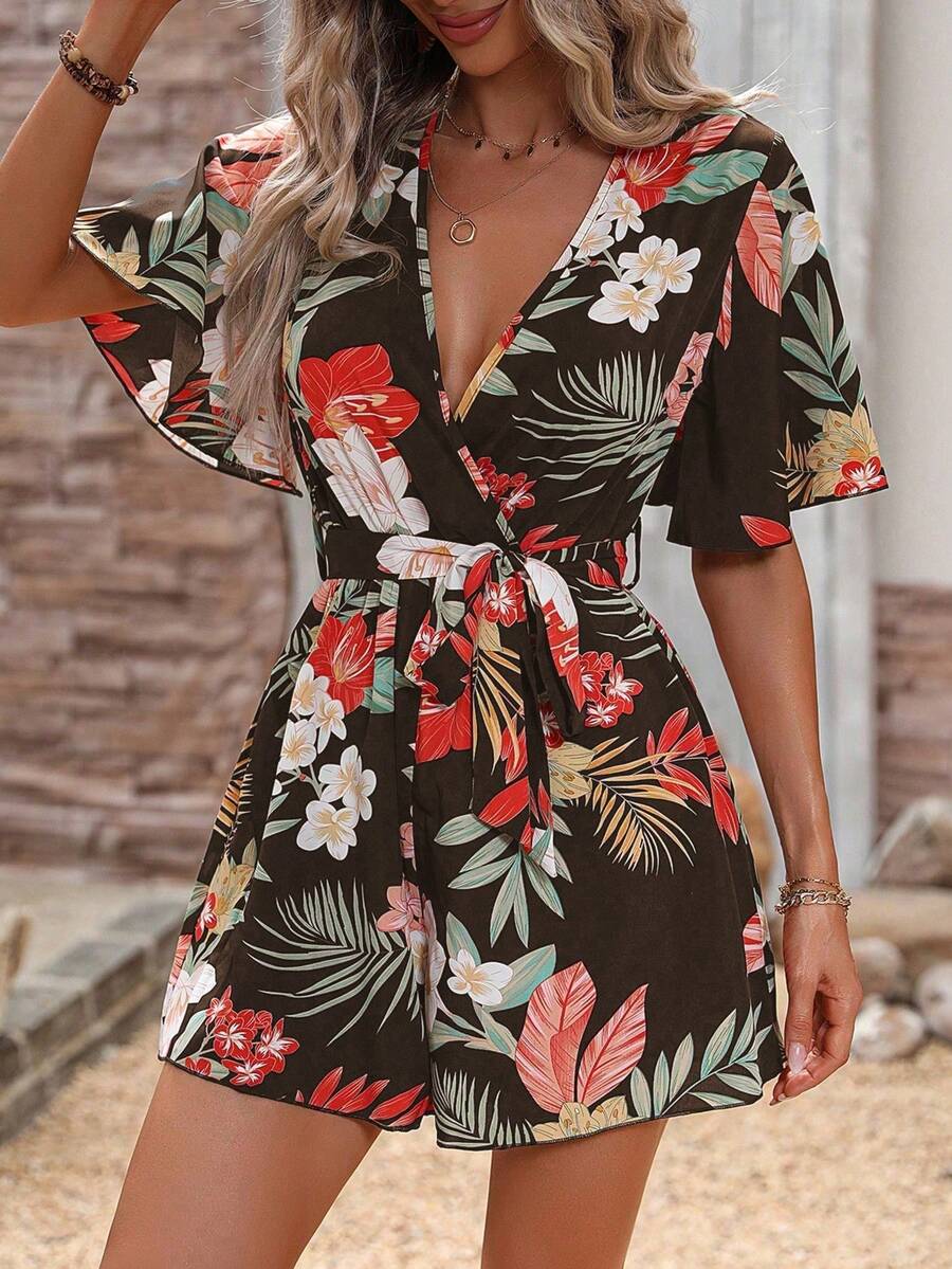 SHEIN Holidaya Tropical Print Casual Romper - Brown - View 1