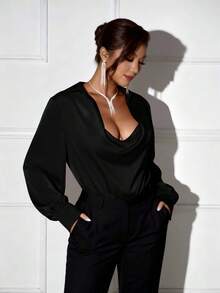 Femmeverse Plus Size Women's Fashion Draped Deep V-Neck Bodysuit - Black - View 4