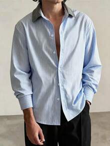 Airaco Men's Contrast Color Striped Long Sleeve Shirt - Blue - View 1