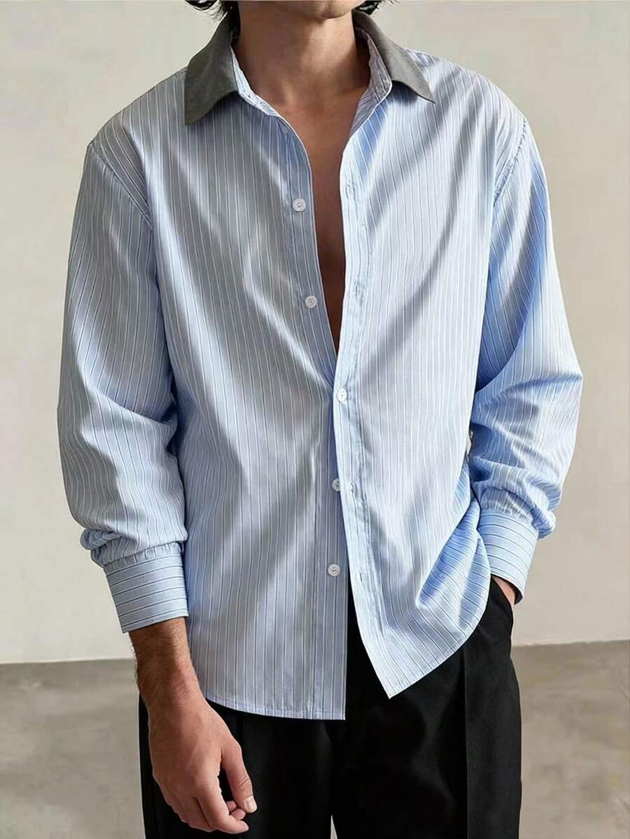 Airaco Men's Contrast Color Striped Long Sleeve Shirt - Blue - View 1