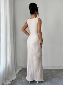 Elenzga 女士纯色时尚扭结长裙，不对称领口针织纹理紧身包臀裙，扭结开衩设计，优雅女士服装，秋季女装，冬季女士端庄服饰 - 杏色 - 查看 2